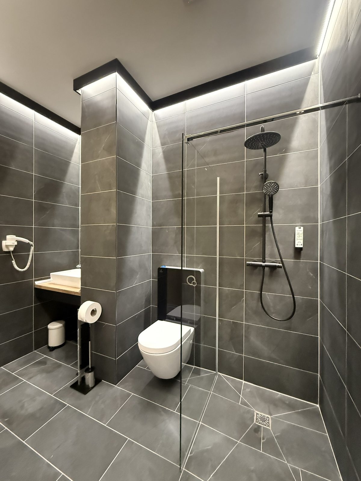 Fürdőszoba zuhanyzóval és WC-vel